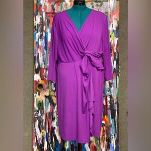Lane Bryant Magenta/Purple 3/4 Sleeve Stretch Faux Wrap Dress Midi Length Sz 22